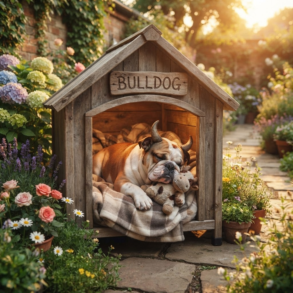The $BULLDOG mascot sleeping cozily in a doghouse hugging a plush cow