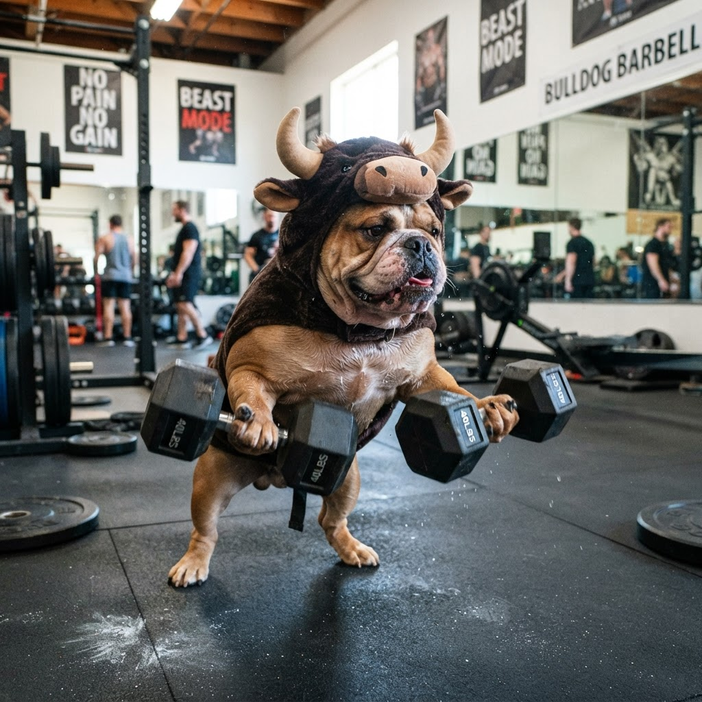 The $BULLDOG mascot lifting heavy dumbbells at the gym