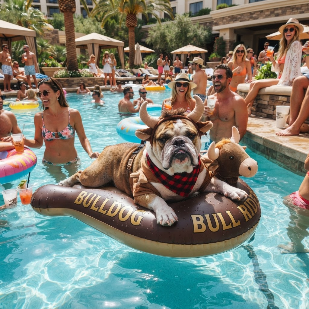 The $BULLDOG mascot lounging on a dog pool float at a pool party